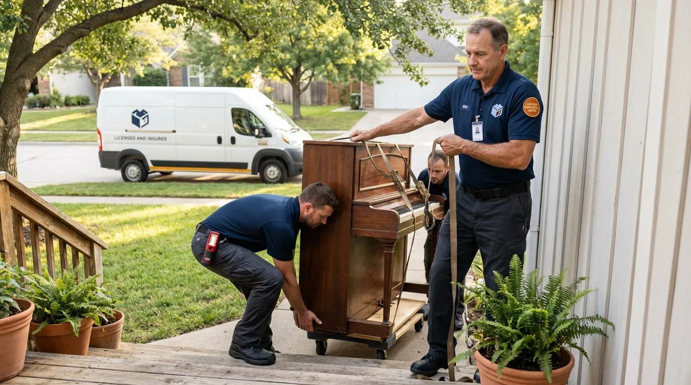 Licensed piano movers securing grand piano in Bells, TN