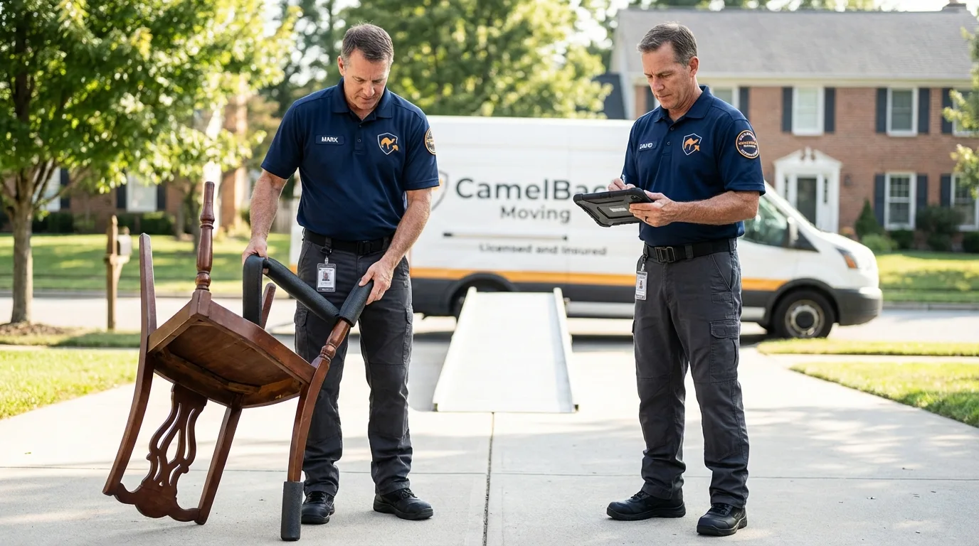 Movers inspecting furniture for damage prevention before loading in Bells, TN
