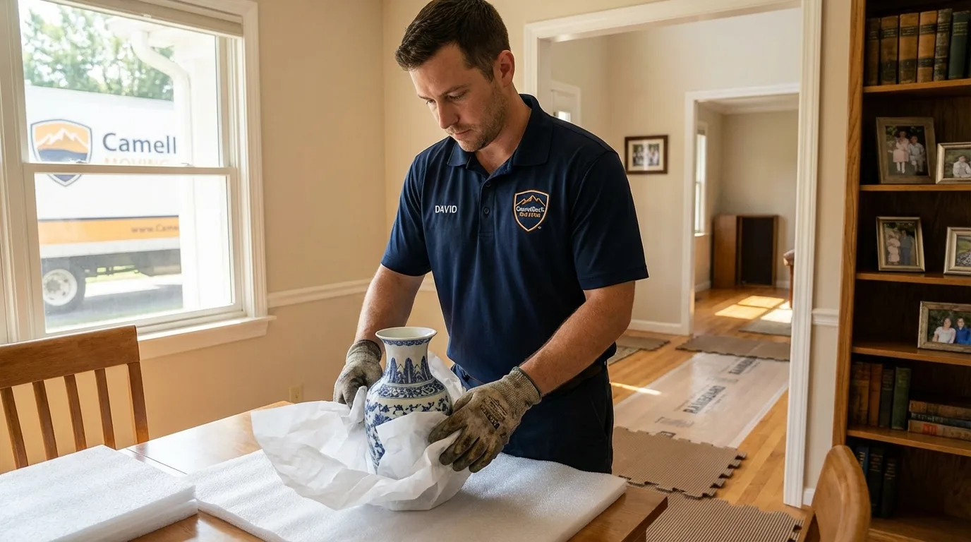 Professional crew carefully wrapping antique vase for senior downsizing move in Bells, TN