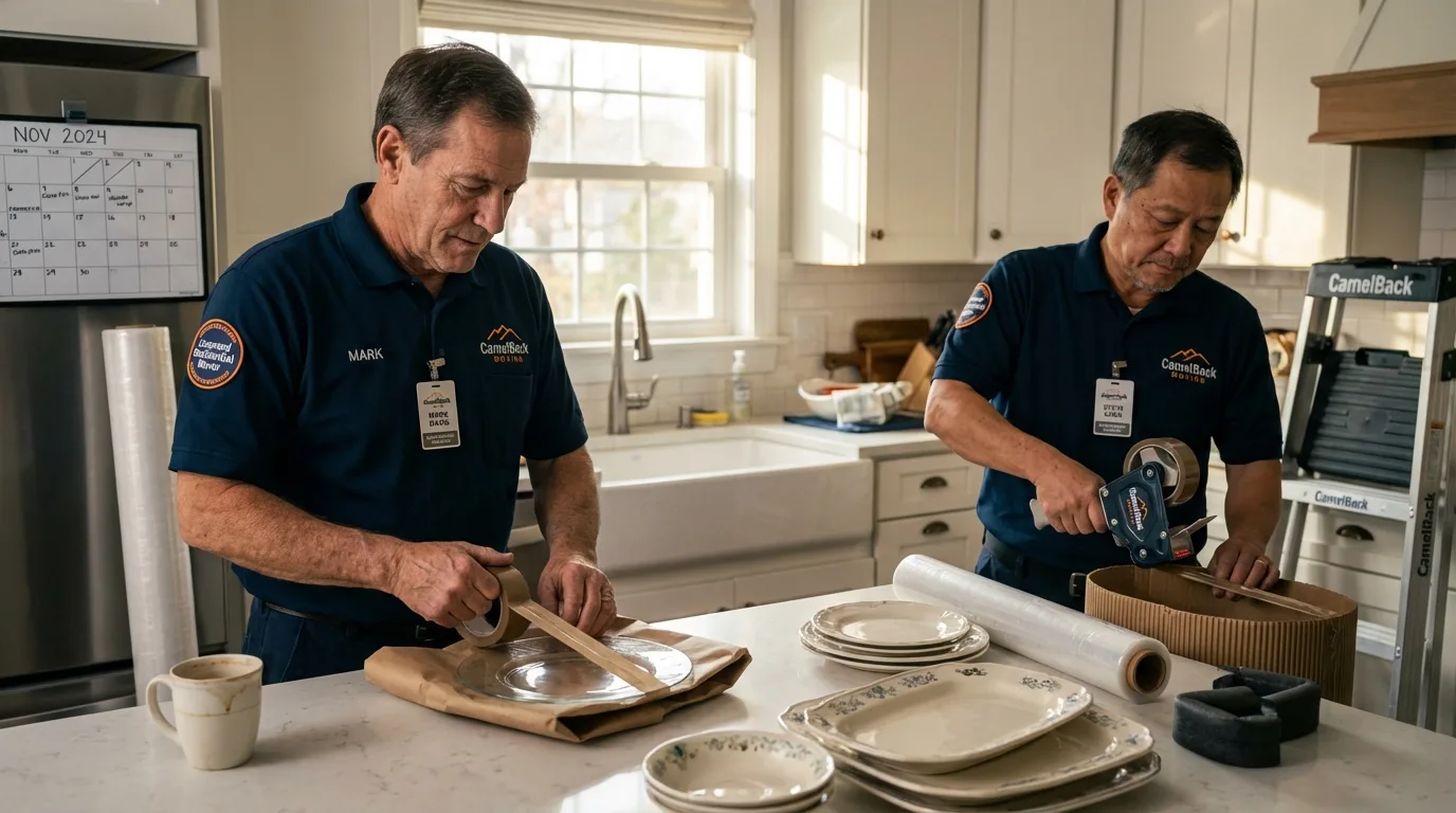 Professional crew packing kitchen dishware in Bells, TN